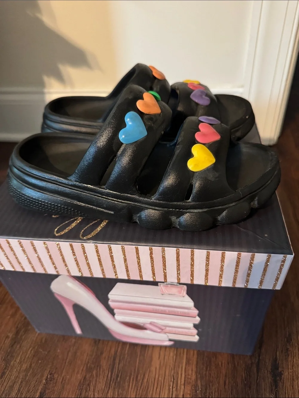 Kids Black Heart-Accented Slide Sandals - Colorful Hearts
